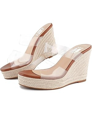 VARECOLA Women Slip On Espadrille Platform Wedge Sandals Slide Open Toe Clear High Heel Sandals | Amazon (US)