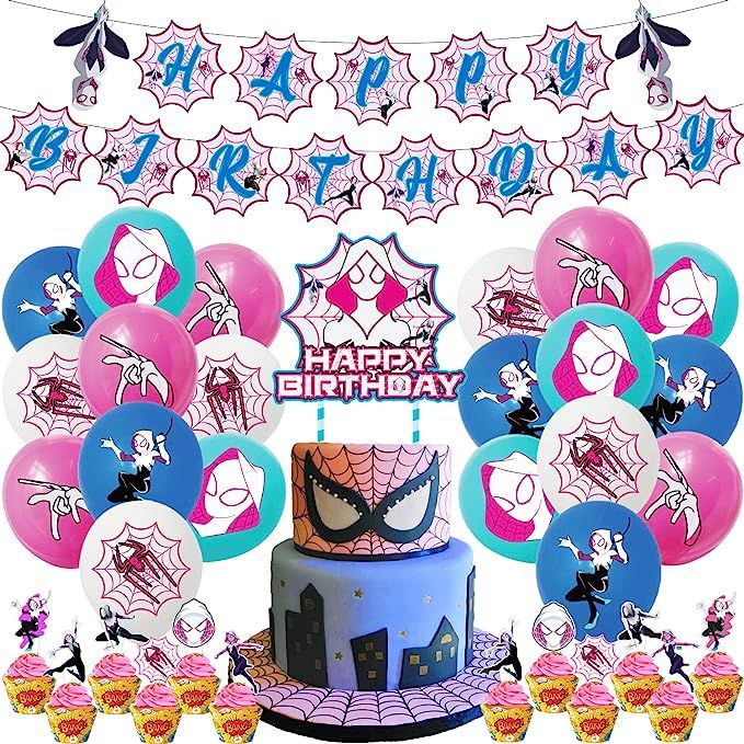 Birthday Decorations Spider Gwen Party,Happy Birthday Supplies for Kids Includes - Banner - Cake ... | Amazon (US)