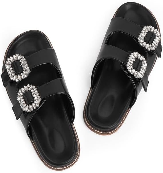 Slide Sandals for Women Rhinestone Flat Platform Sandals Soft Footbed Comfortable Walking Girls L... | Amazon (US)