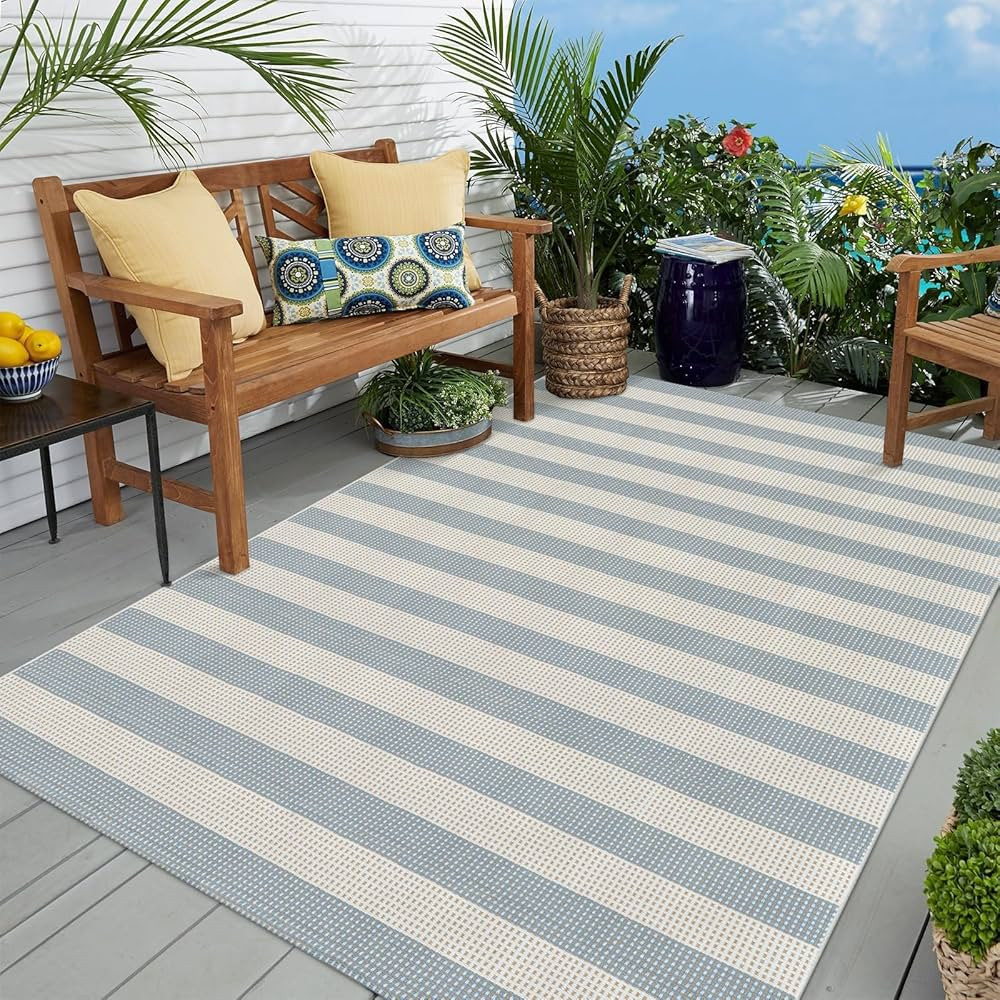 OJIA Blue and White Striped Area Rug 5'x7' Outdoor Rug, Washable Patio Rug Farmhouse Cotton Woven... | Amazon (US)