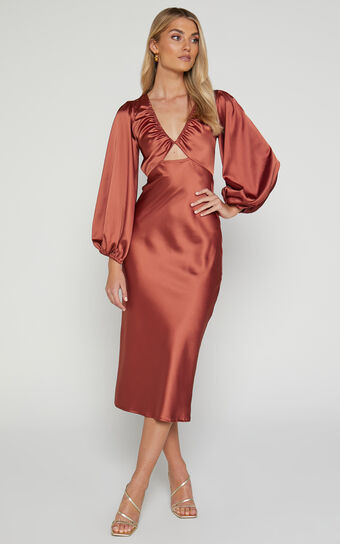 Adaleine Midaxi Dress - Plunge Neck Puff Sleeve Dress in Copper | Showpo (US, UK & Europe)