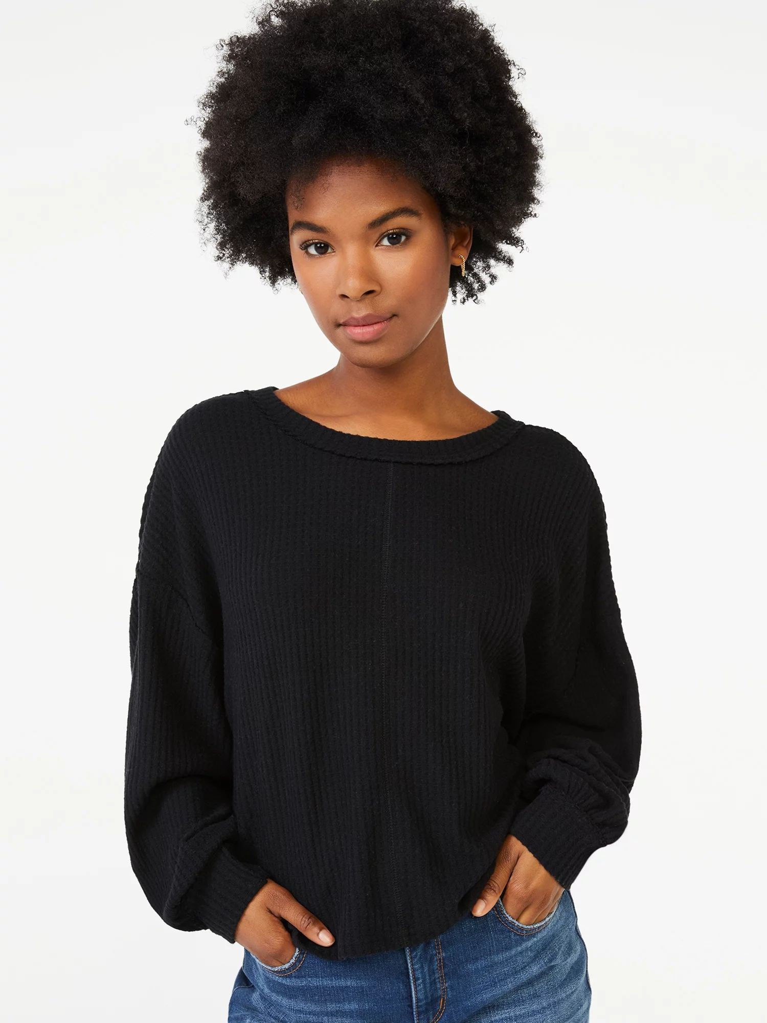 Scoop Women's Waffle Knit Slouch Top with Long Sleeves | Walmart (US)