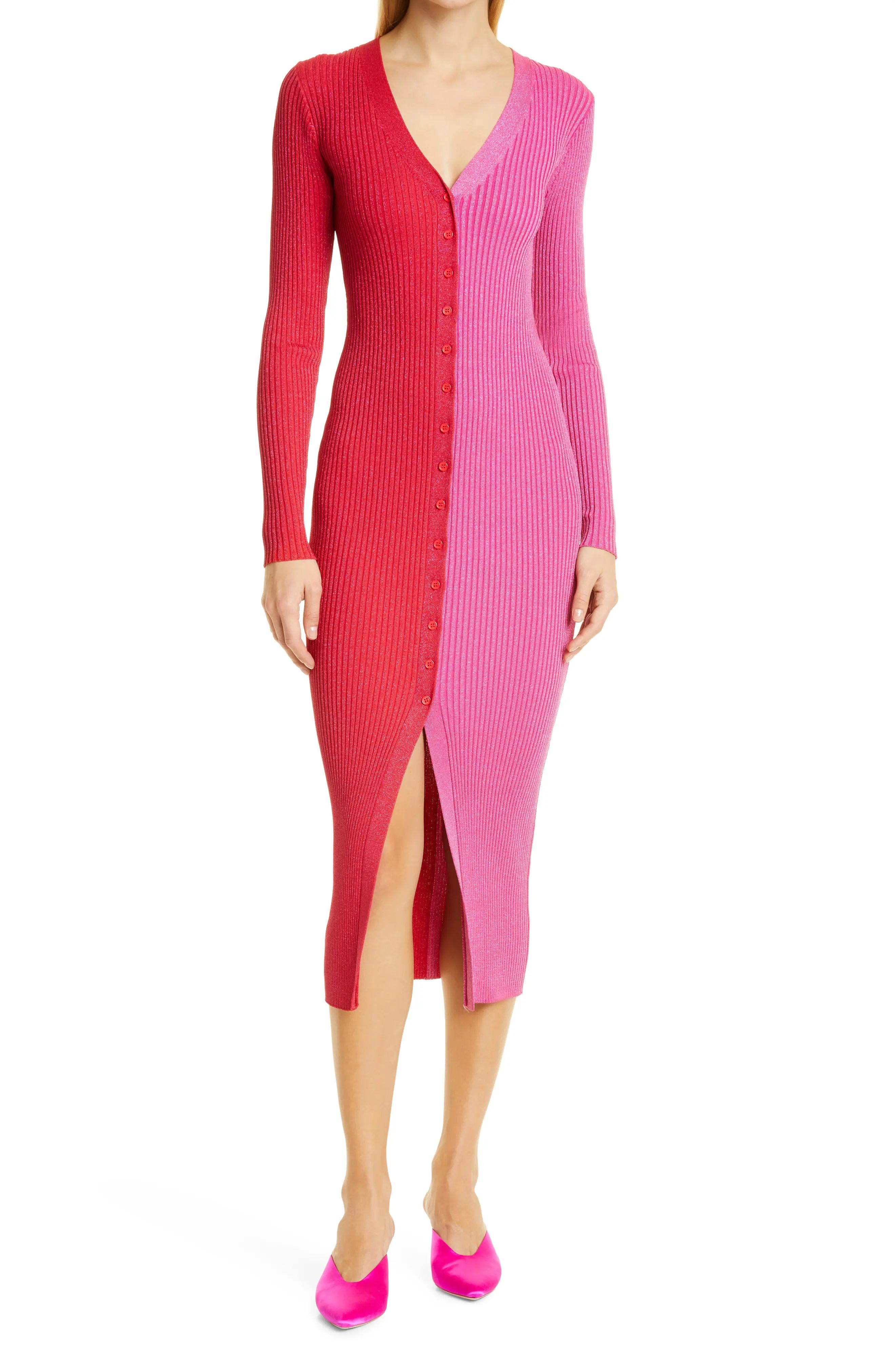 STAUD Shoko Long Sleeve Color Block Sweater Dress in Lava/Peony at Nordstrom, Size X-Small | Nordstrom