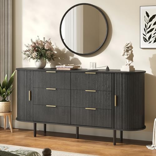 BVIUNTWO Fluted 6 Drawer Dresser, 63" Wide Modern Chest of Drawers with Gold Metal Handles, Curved Edge Design, Wood Storage Credenza Cabinet for Bedroom,Living Room, Black | Amazon (US)