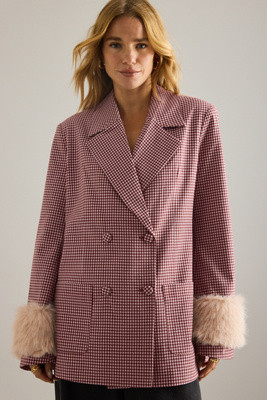Maeve Houndstooth Faux Fur-Cuff Blazer | Anthropologie (UK)