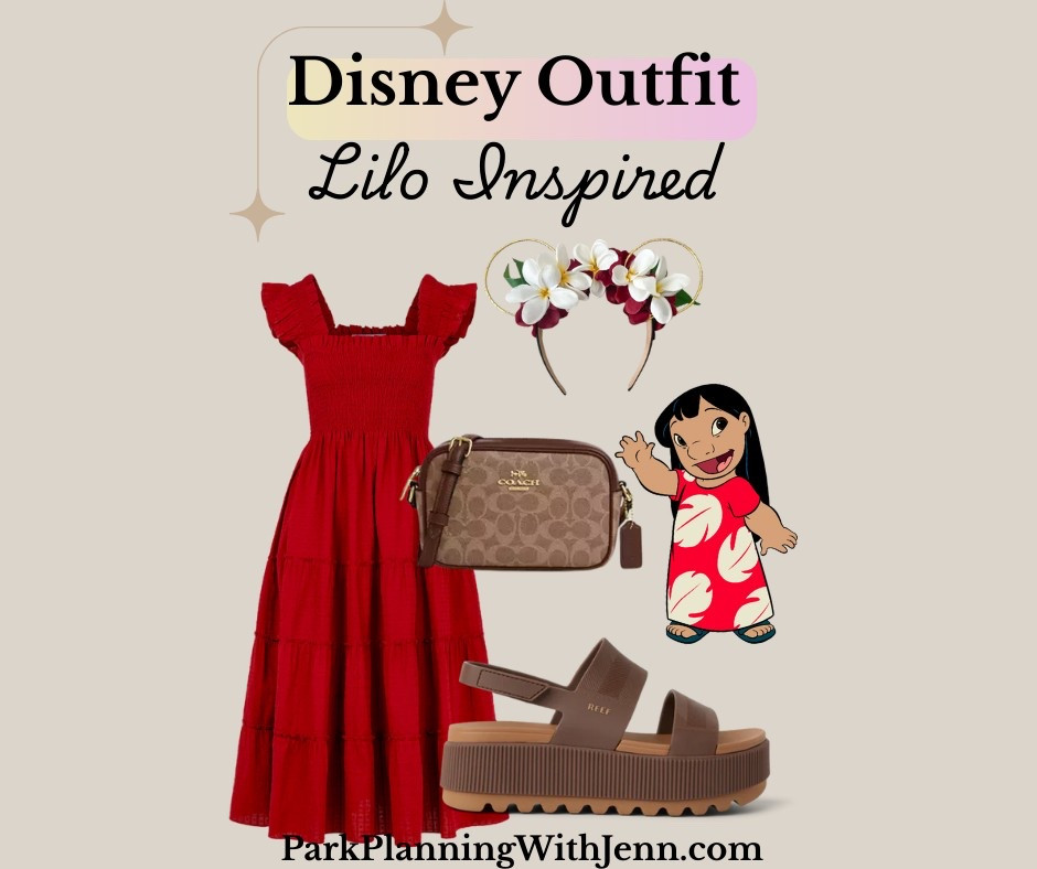 Women’s Disney Outfit LILO and Stitch theme red hill house home Ellie map dress coach bag floral mouse ears reef sandals perfect for Disney World and Disney Land 

#LTKSeasonal #LTKFamily #LTKTravel