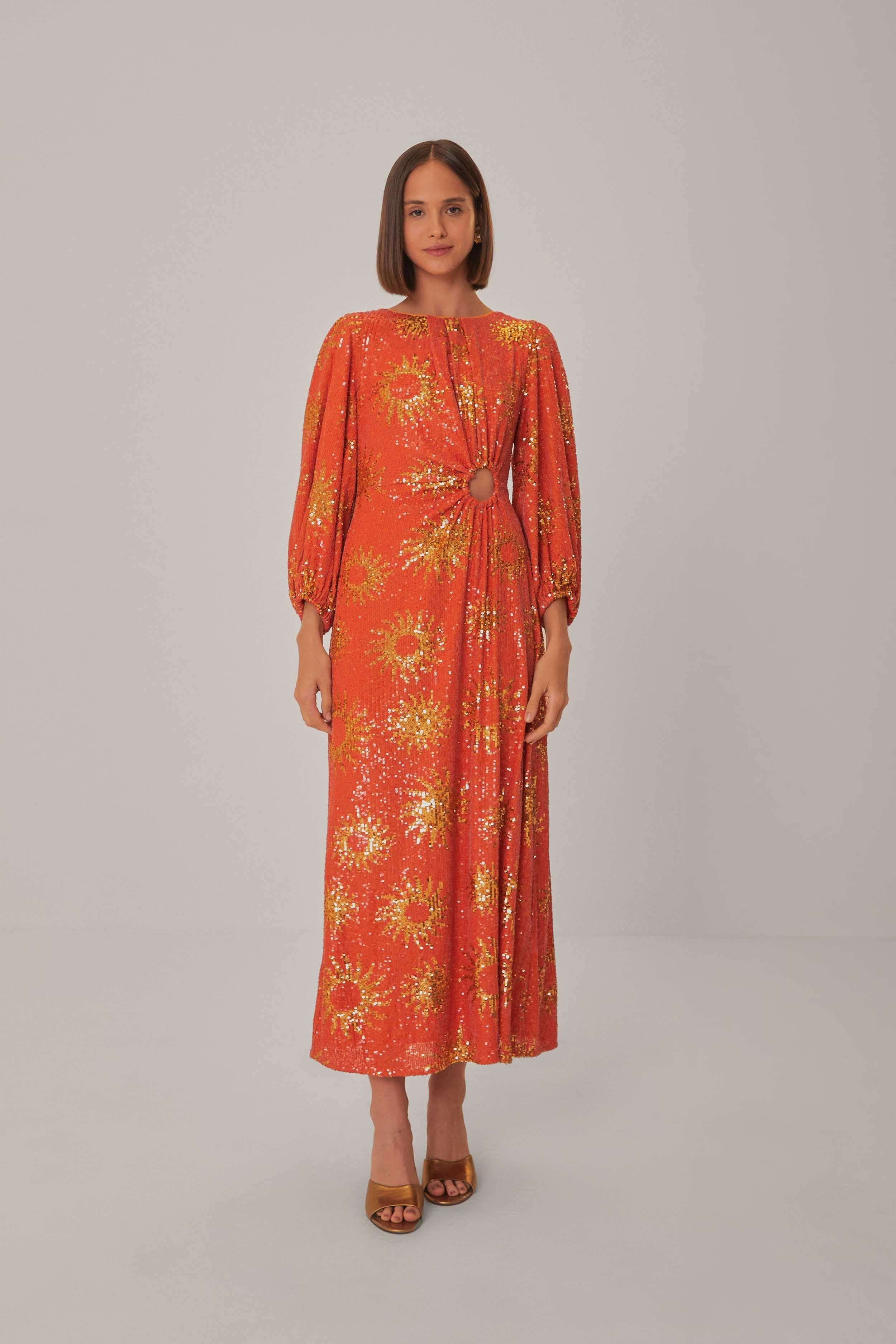 Orange Sunny Mood Sequin Cut Out Midi Dress | FarmRio