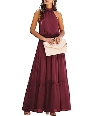PRETTYGARDEN Womens Halter Neck Floral Backless Loose Ruffle Maxi Dress | Amazon (US)