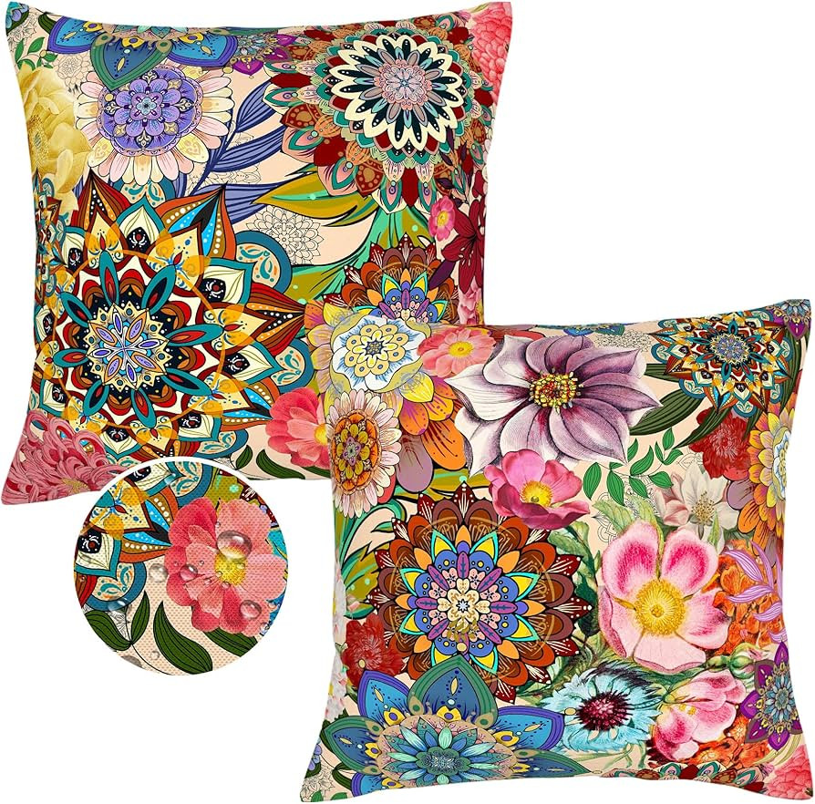 Outdoor Pillow Covers 18x18 Boho Floral Waterproof Throw Pillow Covers Colorful Decorative Outdoo... | Amazon (US)