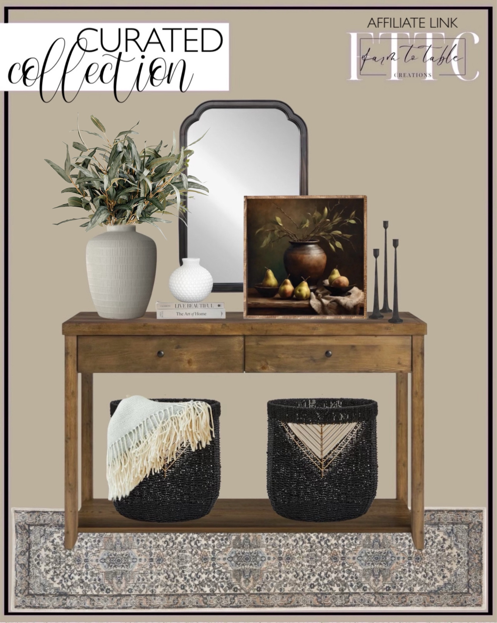 Curated Entryway. Follow @farmtotablecreations on Instagram for more inspiration.

Use code FARMTOTABLE for 15% off artwork. 

Bleckley 46'' Console Table. Jurado Oriental Ivory/Gray/Beige Area Rug. Runner Rug. Entryway Rug. Adore Decor Ostara Seagrass Basket. Ali Wood Accent Wall for Bathroom, Decorative Mirror. Entryway mirror. Kleiber Ceramic Table Vase. Early Autumn Harvest Framed Art. Faux Stems. Candlestick set  

Entryway. Entryway Decor. Fall Entrway. Fall Home Finds. 


#LTKHome #LTKSaleAlert #LTKFindsUnder50
