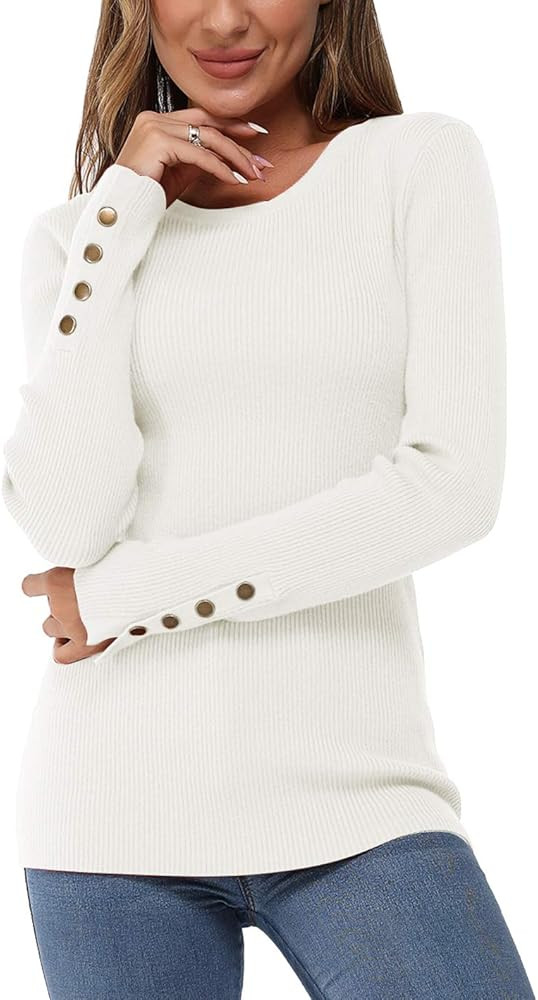 Newshows Women's Fall Fashion Sweater Long Sleeve Crew Neck Button Stretch Casual Pullover Tops W... | Amazon (US)