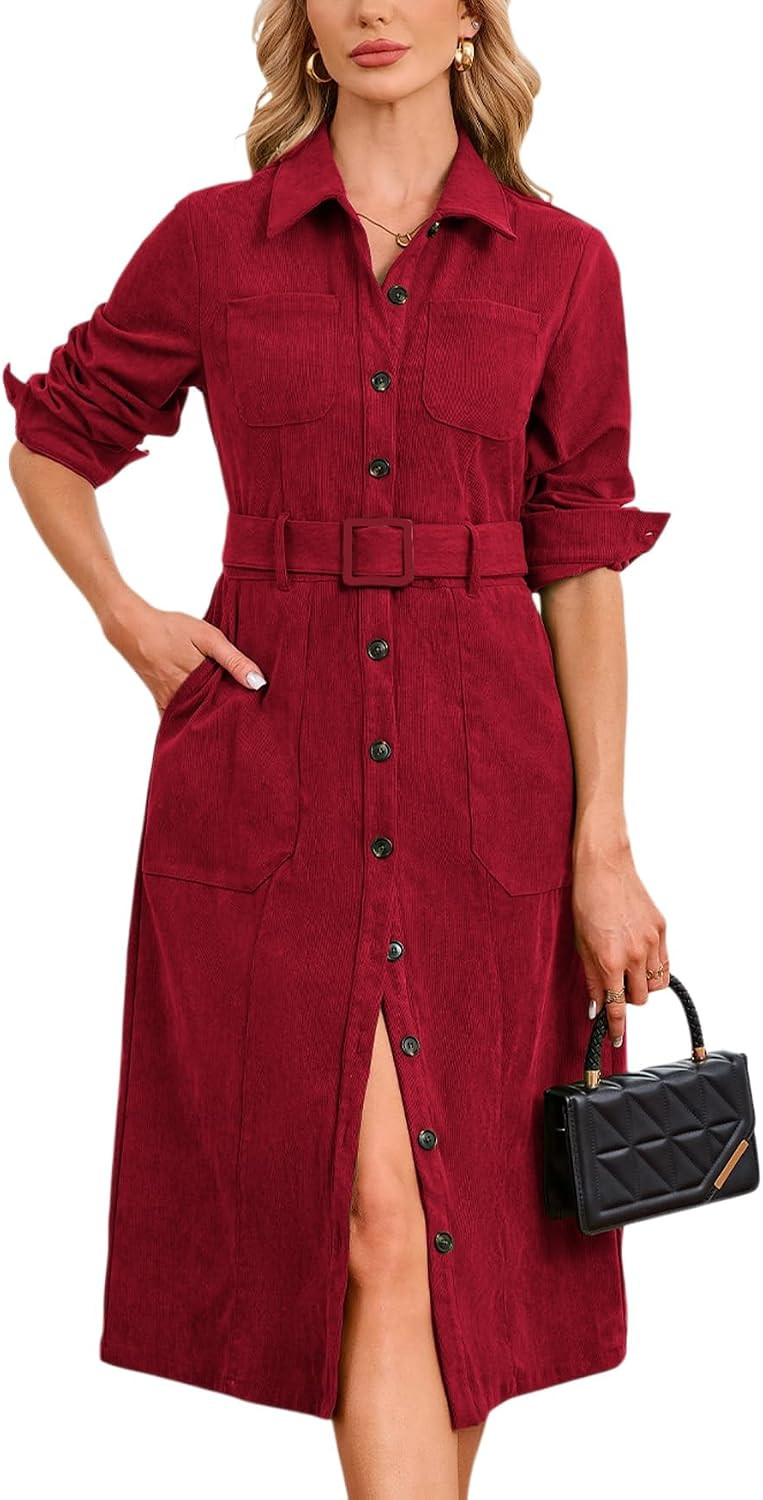 YEXPINE Women's Corduroy Midi Dress Belted Button Down Shirt Long Dresses | Amazon (US)