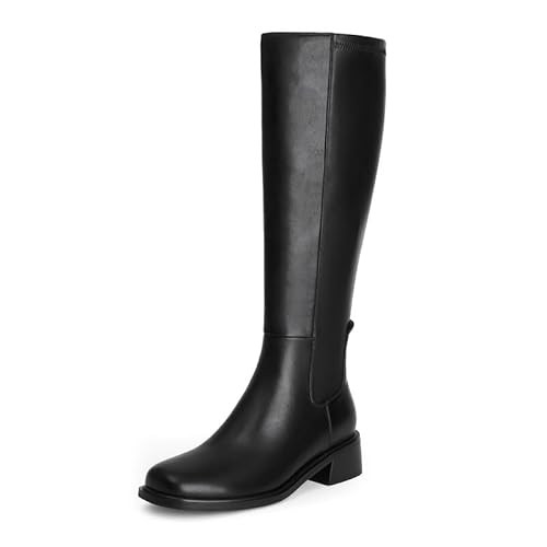 QIY Women's Knee-High Boots Heel Fall Boot for Women 2025 Black Below Knee Boots Riding Square Toe Chunky Heeled Tall Long Leather Boot Size 9 | Amazon (US)