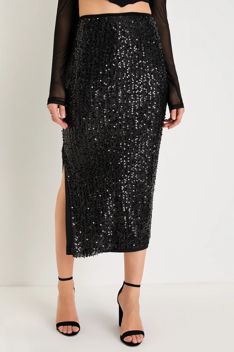Glittering Style Black Sequin Mesh High-Rise Midi Skirt | Lulus (US)