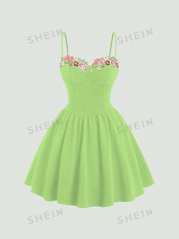 SHEIN MOD Women Summer Embroidery Patchwork Pleated Drawstring Cami Dress | SHEIN