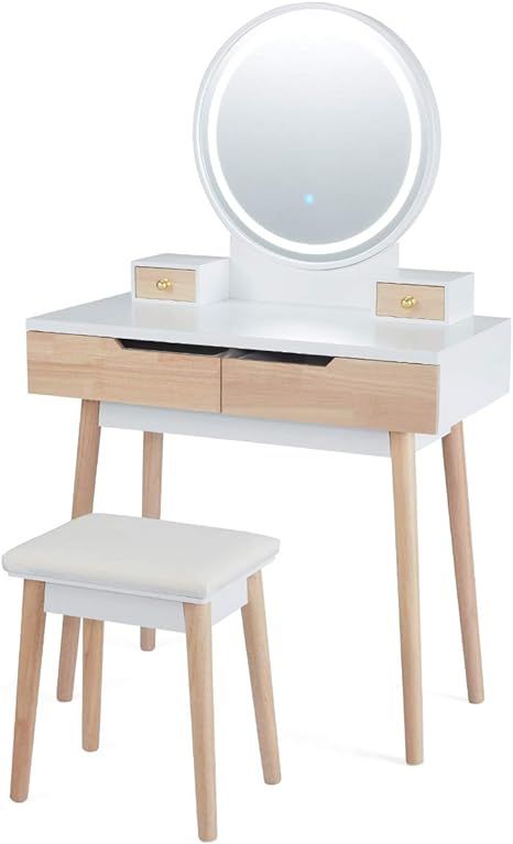 MELLCOM Makeup Vanity Table Set, Dressing Table with Lighted Mirror, Vanity Set with Touch Screen... | Amazon (US)