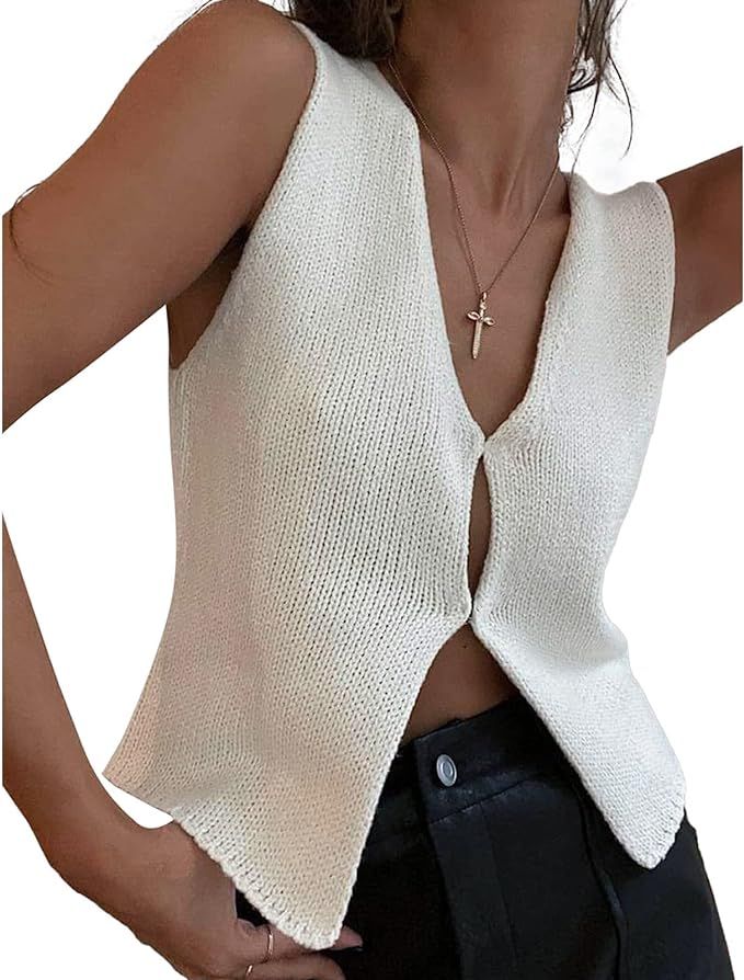 Womens Sweater Vest Sleeveless Crochet Crop Top Knittd Tank Top Button Down Cropped Sweater VestY... | Amazon (US)