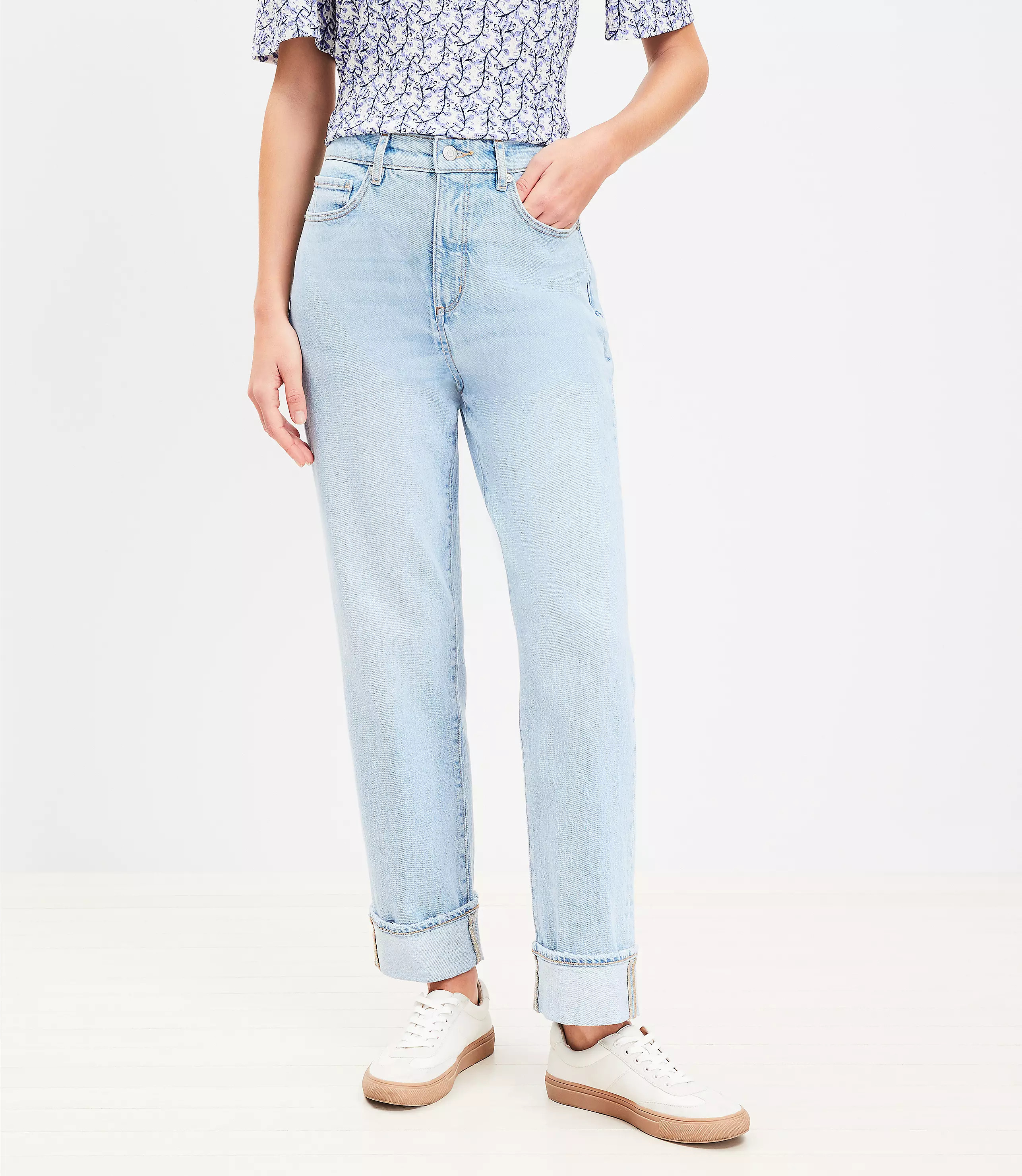 Cuffed High Rise Straight Jeans in Light Wash Indigo | LOFT