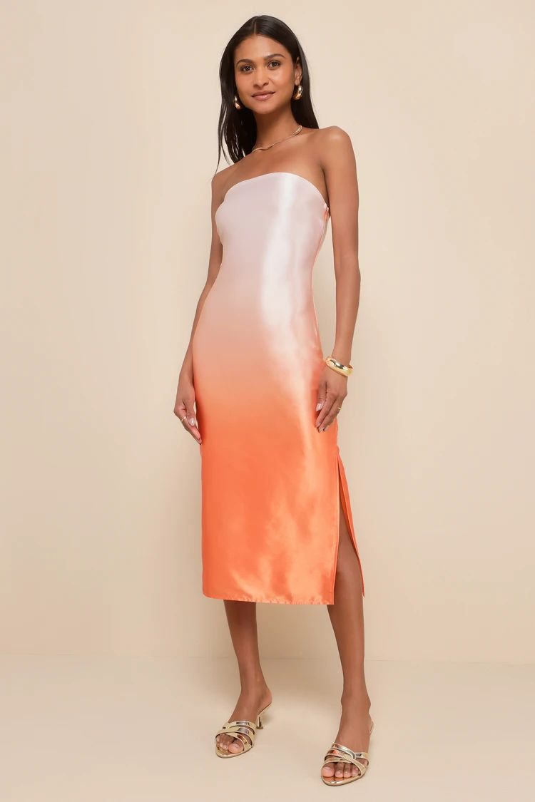 Indescribable Poise Peach Ombre Satin Strapless Midi Dress | Lulus