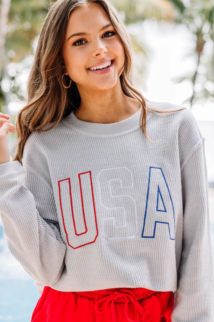 USA Silver Gray Embroidered Corded Sweatshirt | The Mint Julep Boutique