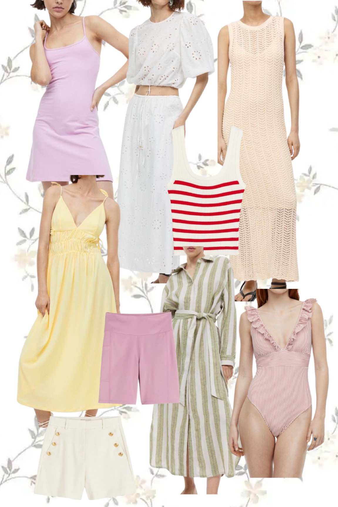 H&M new arrivals. Eyelet maxi skirt. Two-piece eyelet set. White eyelet crop top. Crochet maxi dress. Yellow thin strap dress. Green stripe linen wrap dress. Stripe ruffle one-piece swimsuit. Stripe rib-knit top. Pink high rise biker shorts. Pink active dress. White shirt with buttons. H&M fashion. Spring fashion. Summer fashion. Vacation style. Activewear. 
.
.
.
… #ltkswim 

#LTKtravel #LTKunder100 #LTKstyletip