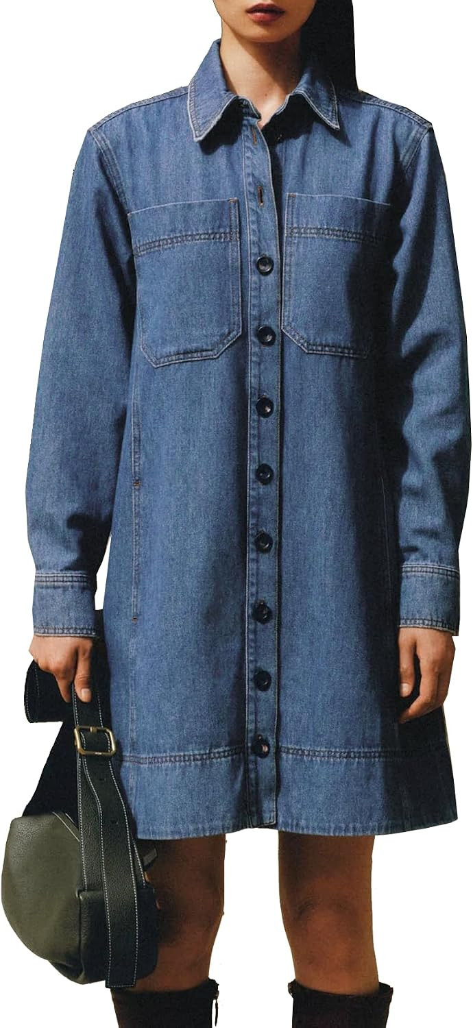 YEXPINE Women's Denim Shirt Mini Dress Long Sleeve Button Down Tunic Jean Dress Casual Loose Shift Short Dresses | Amazon (US)