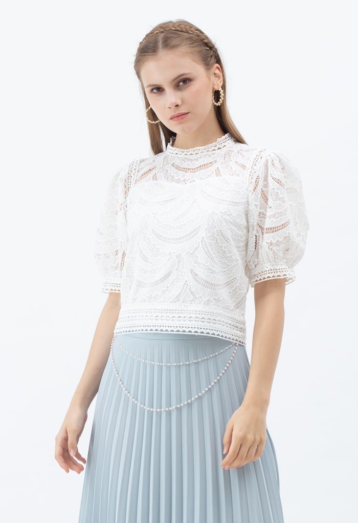 Leaves Shadow Embroidered Crochet Top in White | Chicwish