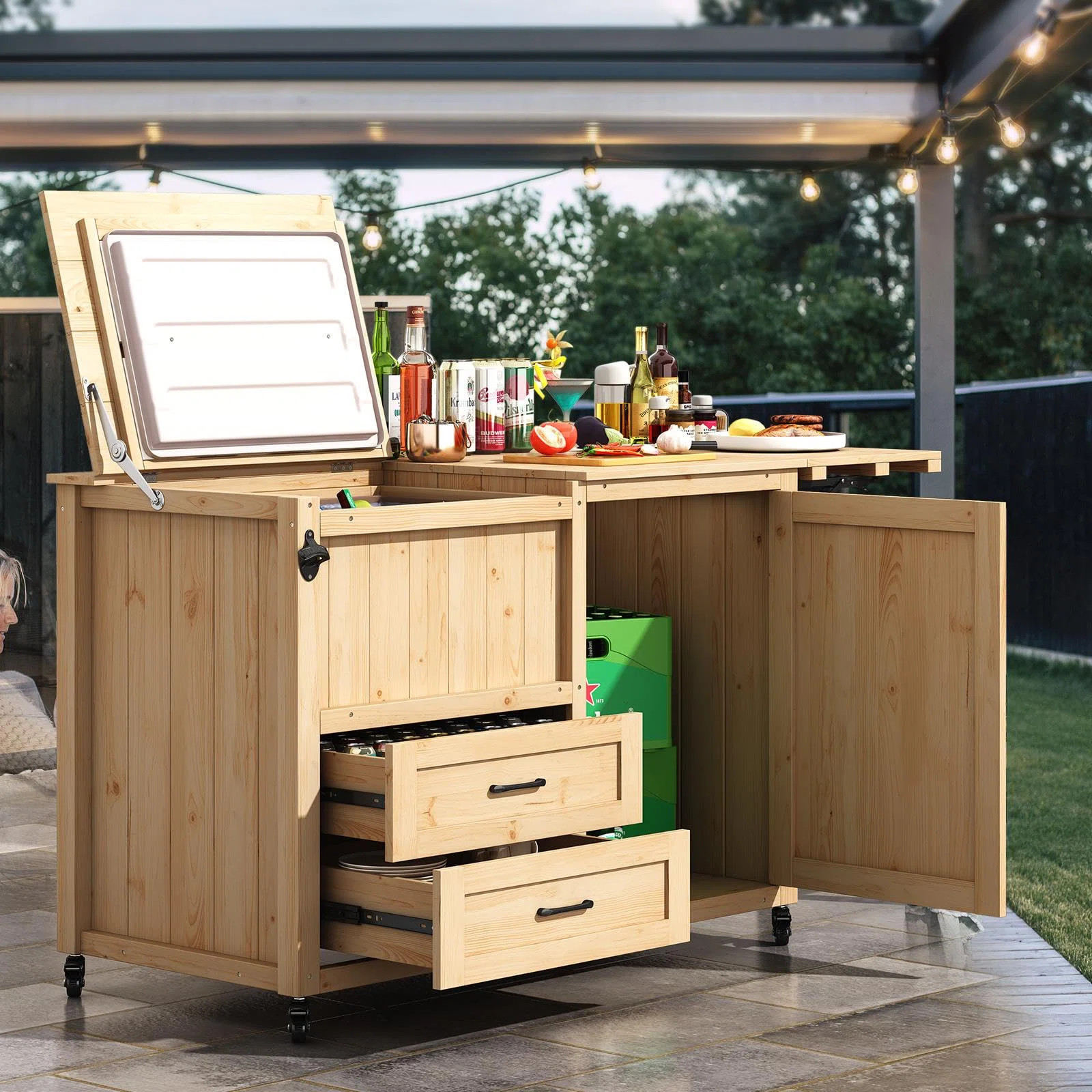 Outdoor Kitchen Island With Storage, Insulation & Lockable Casters, Solid Wood, Ideal For Backyar... | Wayfair North America