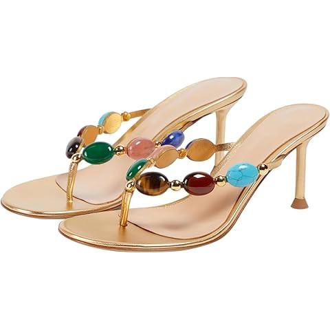 Women's Jewelled Thong Strappy Sandal Summer Mules Kitten Heels Flip Flop Round Open Toe Mid Heel... | Amazon (US)
