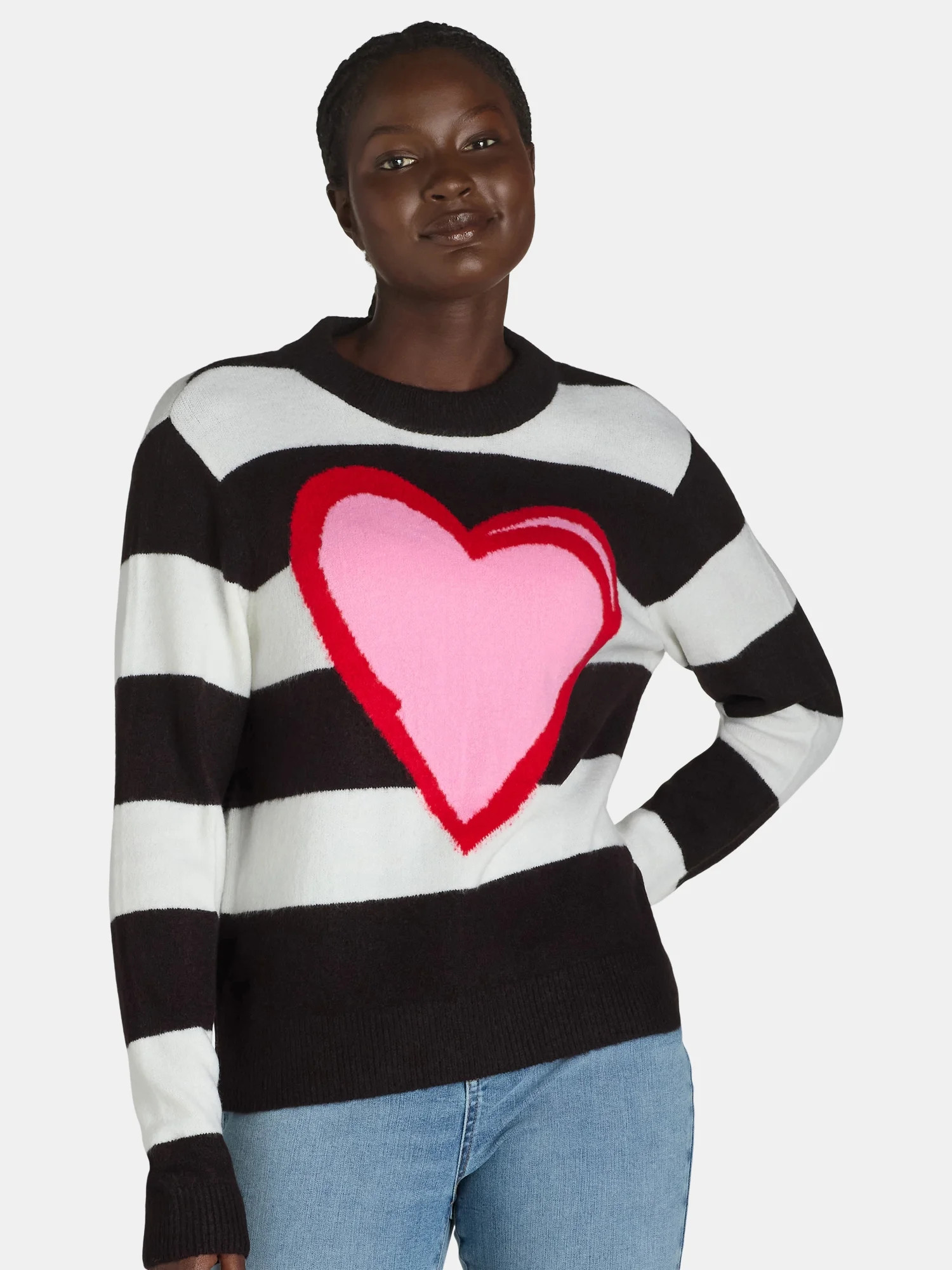 99 Jane Street Women’s and Women's Plus Striped Sweater with Heart Design, Sizes XS-4X | Walmart (US)