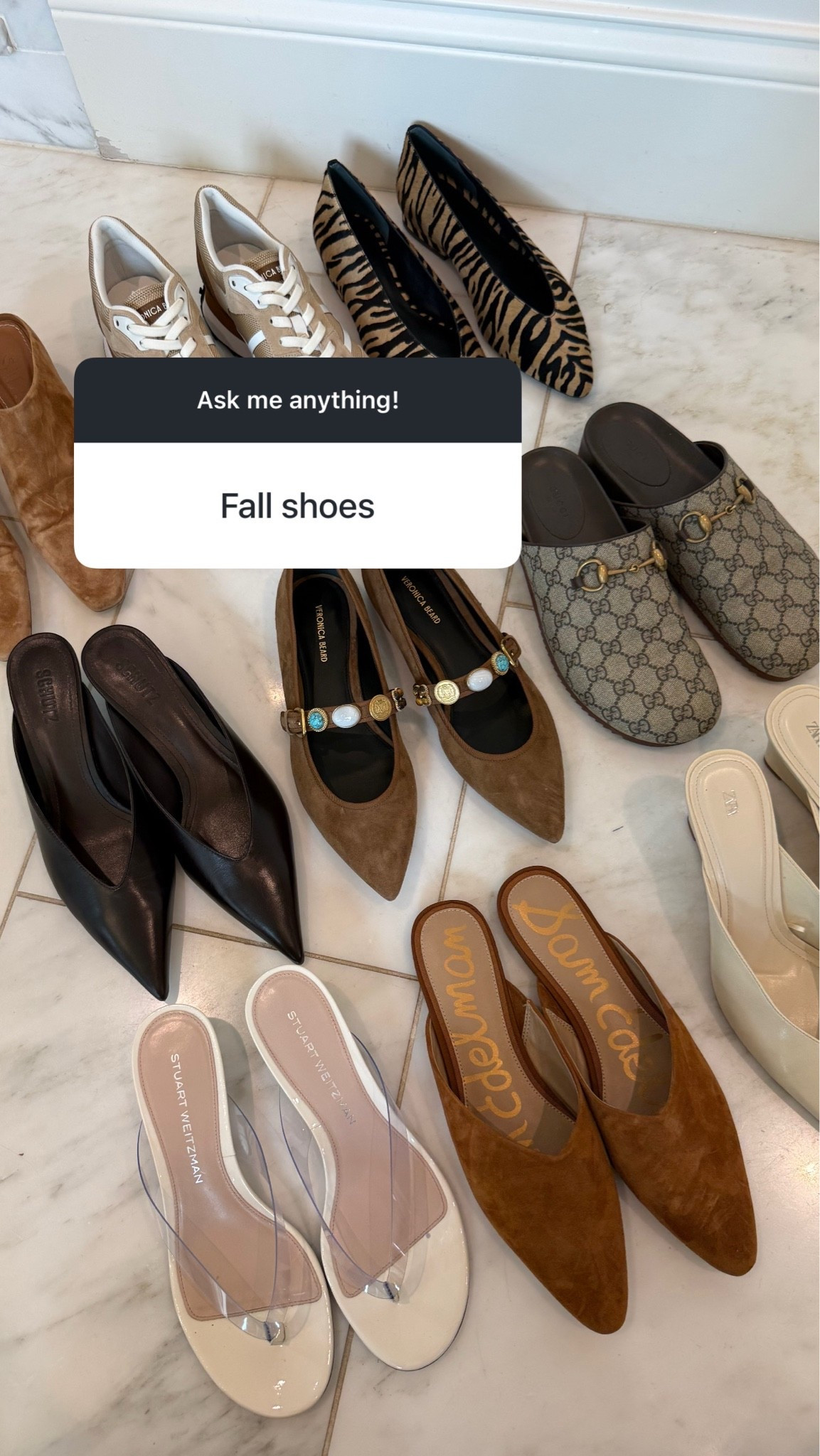 The 6 Shoe Trends I’m Wearing This Fall

* New-color slip-on sneaker
* Pointed-toe flat / animal-print flat
* Kitten-heel bootie
* Gucci mule
Slip on mules 
* Sleek loafer

#LTKSeasonal