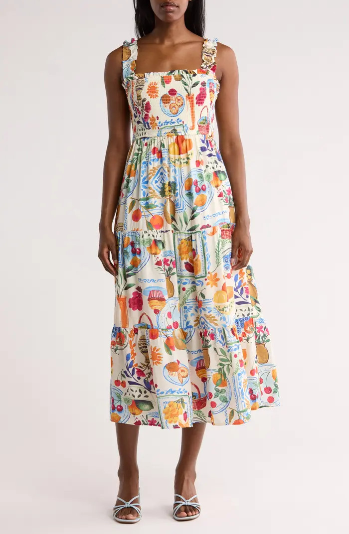 Mixed Print Smocked Tiered Midi Dress | Nordstrom Rack
