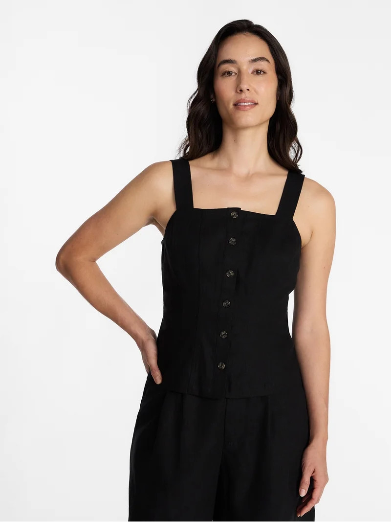 Time and Tru Women's Linen Blend Button Front Tank Top with Adjustable Straps, Sizes XS-XXXL | Walmart (US)