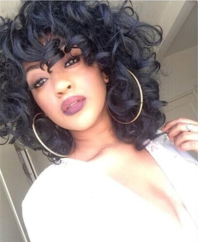 ELIM Short Curly Kinky Wigs for Black Women Fluffy Wavy Black Synthetic Hair Wig Natural Looking ... | Amazon (US)