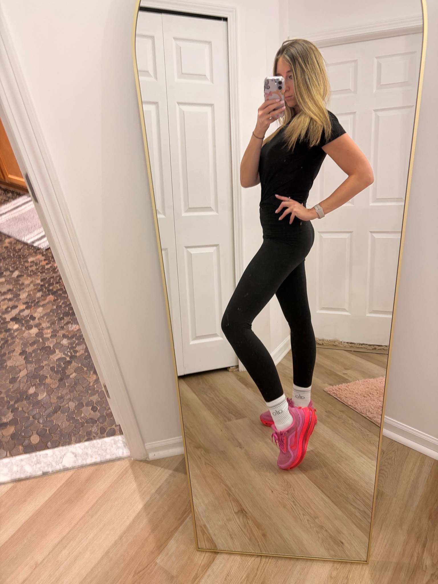 Gym attire - black and pink and fun socks. 