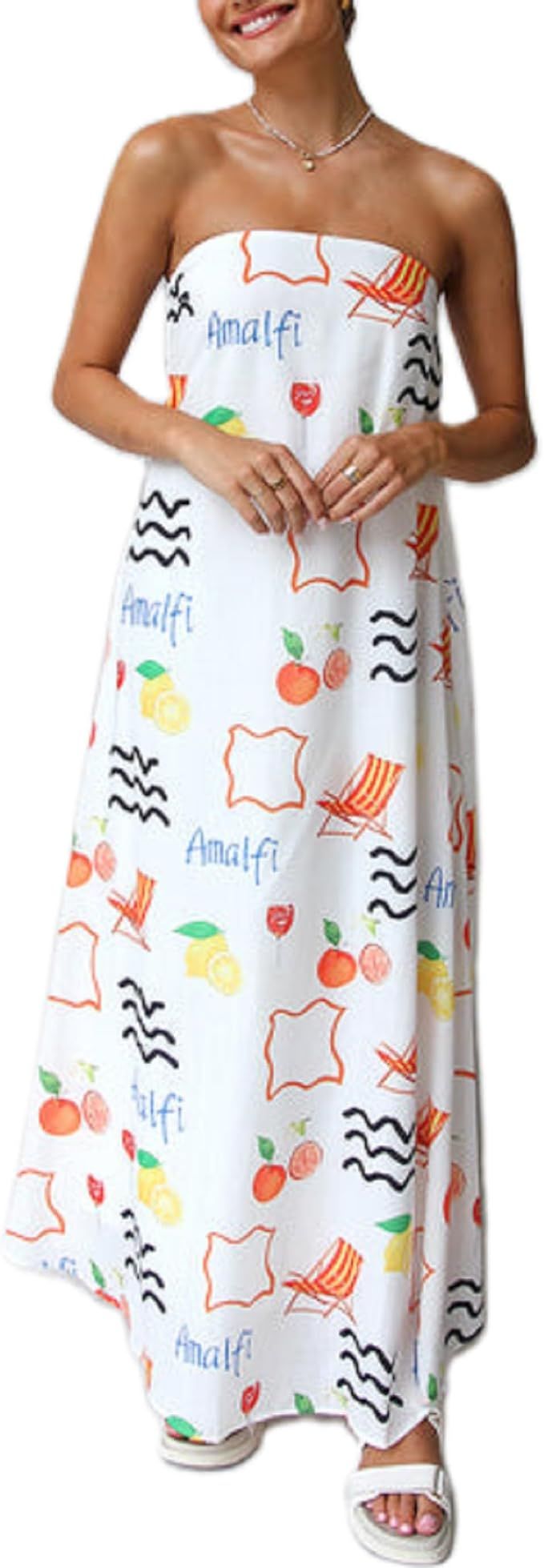 Women Y2k Graphic Maxi Tube Dress Off Shoulder Strapless Long Dress Open Back Flowy Dresses Holid... | Amazon (US)