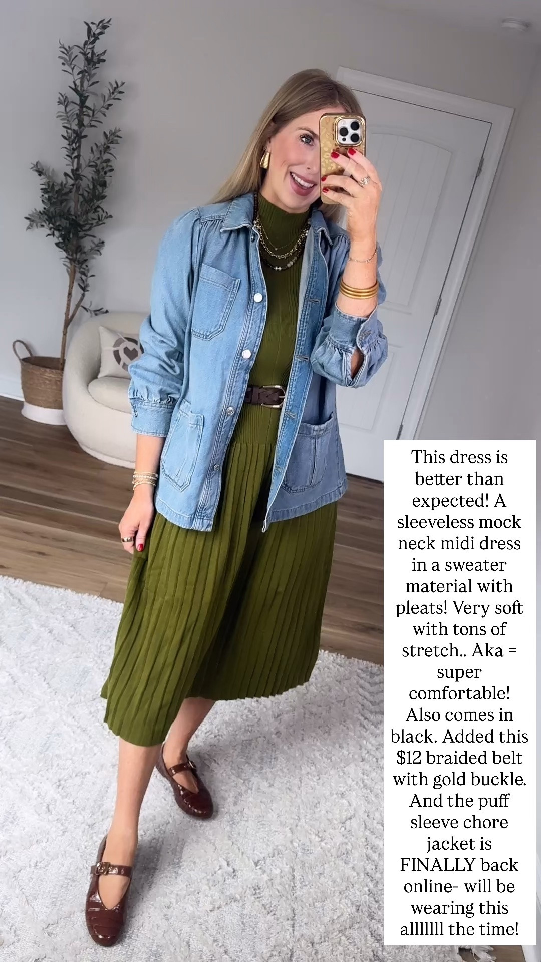 Puff sleeve chore jacket and sleeveless pleated sweater midi dress

#LTKootd