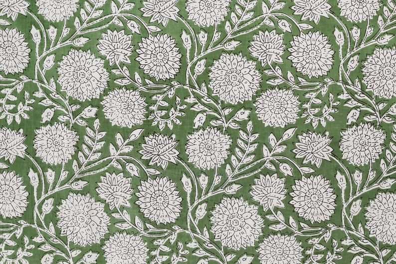 Green & White Indian Floral Hand Block Printed 100% Cotton Cloth, Fabric by the Yard, Fabric for ... | Etsy (US)
