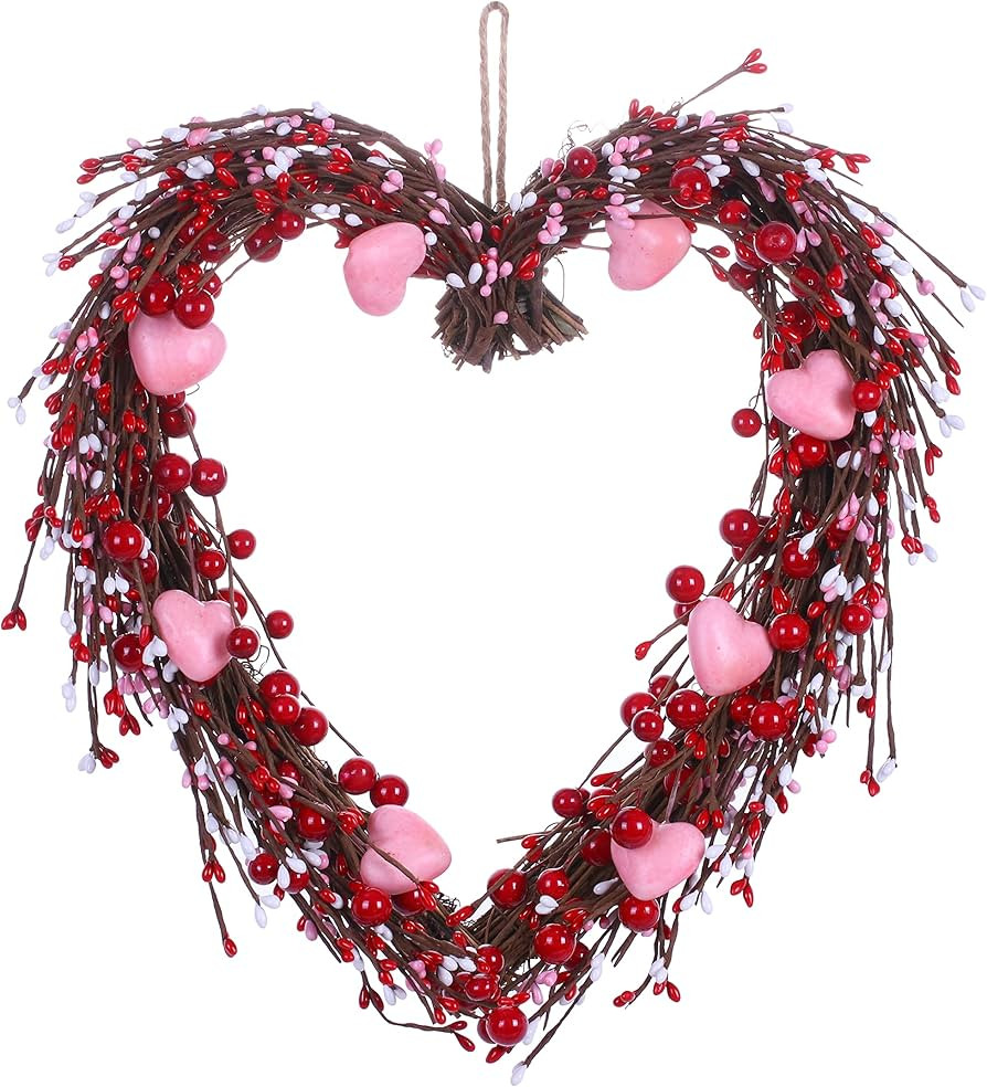 VioletEverGarden Valentine’s Day Wreath,15” Heart Shaped Wreath with Red Berries and Small Pi... | Amazon (US)