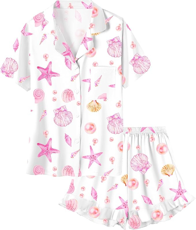 Umeyda Girls & Women Satin Pajamas Set Button Down 2 Piece Silk Pjs Shorts Set Ruffle Sleepwear, ... | Amazon (US)