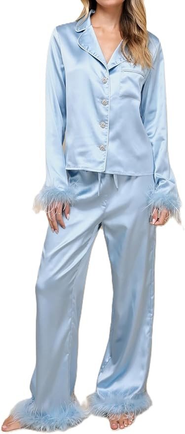 Argeousgor Women 2 Piece Satin Feather Pajama Set Long Sleeve Striped Tops Elastic Waist Patchwor... | Amazon (US)