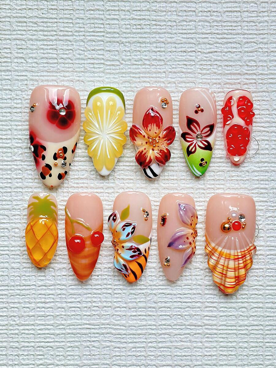Tropical Press On Nails Almond Long 10Pcs - French Tip With Pineapple Lemon Cherry 3D Florals & C... | SHEIN