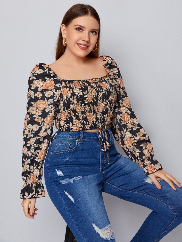 Plus Floral Square Neck Shirred Panel Top | SHEIN
