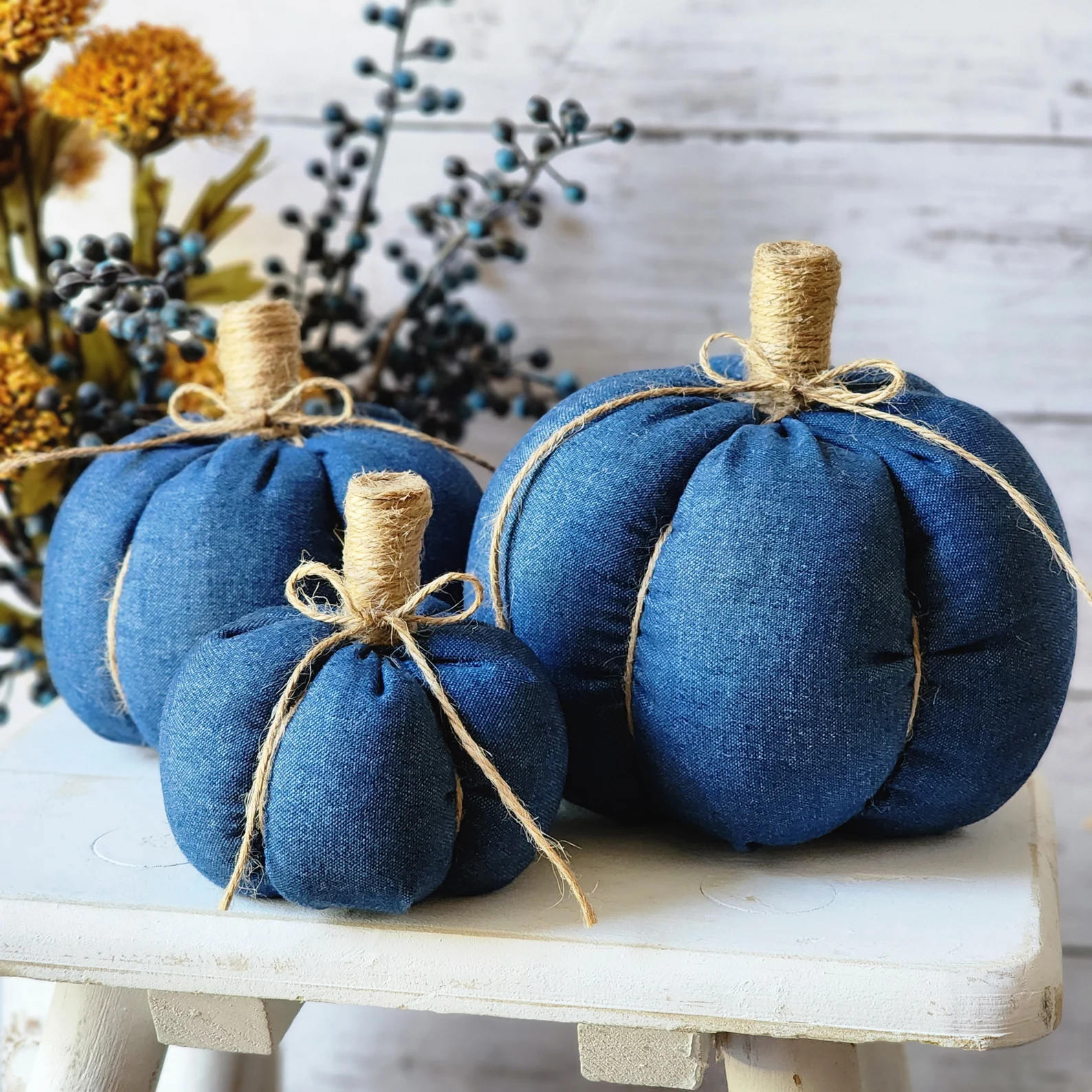 Fall Denim Fabric Pumpkin, Stuffed Farmhouse Pumpkins, Tiered Tray Decor, Seasonal, Dough Bowl, F... | Etsy (US)