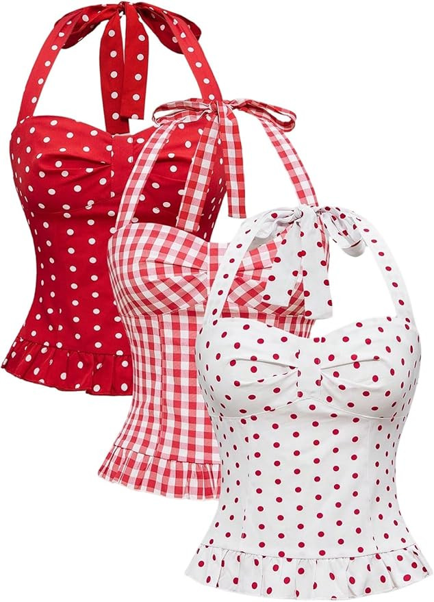 MakeMeChic Women's 3 Pack Casual Halter Tops Polka Dots Gingham Print Shirred Back Summer Tank To... | Amazon (US)