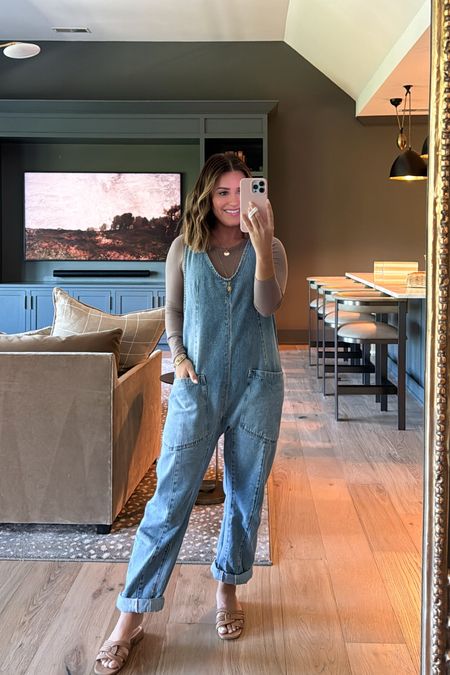 Wearing xs in free people denim overalls- have had for 3 years & wear year round! Great if you’re expecting too (very roomy!). Wearing size 4 in lululemon tee, sandals run tts // 

#LTKStyleTip #LTKFindsUnder100