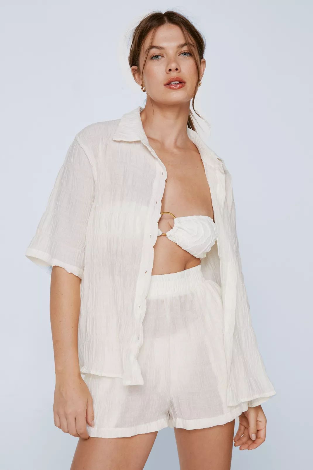 Textured Shirred Shirt And Shorts Scrunchie 3pc Set | Nasty Gal (US)