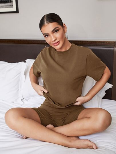 SHEIN Solid Short Sleeve Tee & Biker Shorts Set | SHEIN