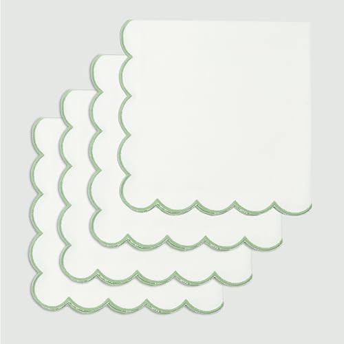 PurpleEssences Scalloped Embroidery Cloth Napkins Table Decor Spring Summer Easter 100% Cotton Set of 4-18 x 18 inch - White - Edges - Sage Green | Amazon (US)
