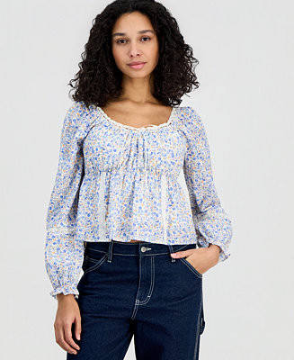 Juniors' Long-Sleeve Woven Peasant Top | Macy's